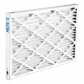 A square MERV 11 air filter with a white frame and pleated filter media, shown at an angle on a white background.